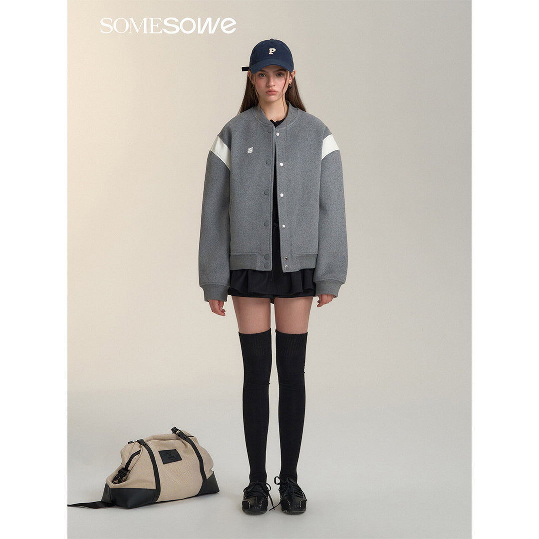 SomeSowe Leather Patchwork Woolen Jacket Gray