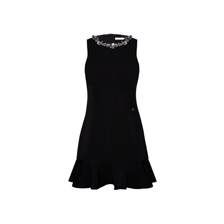 Kroche Sequin Beaded Floral Sleeveless Dress Black