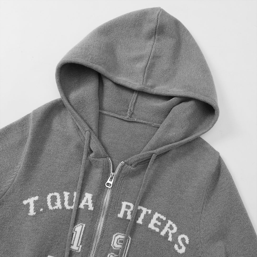 Three Quarters Letter Embroidery Hooded Jacket Grey - Mores Studio