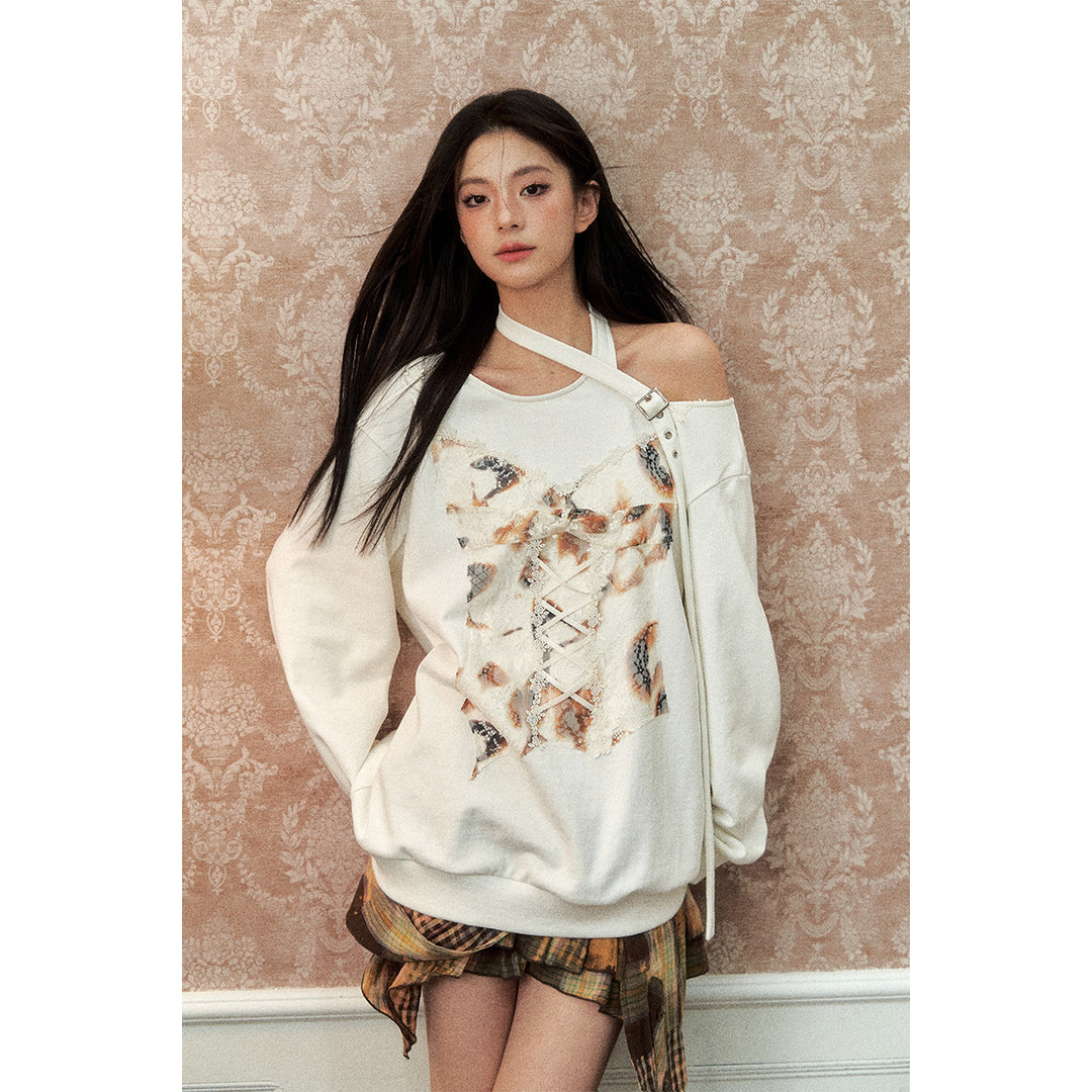 Via Pitti Special Lace Patchwork Off Shoulder Sweater White