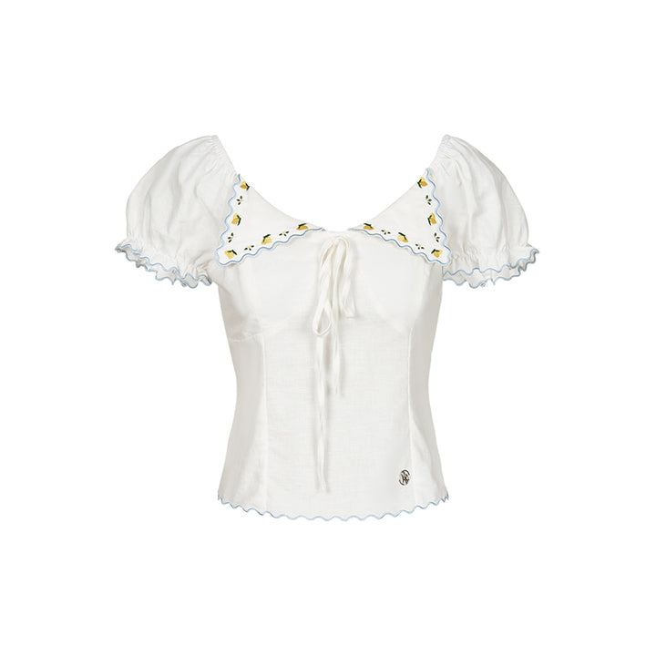 Kroche Lemon Embroidery Lace Up Shirt Top White