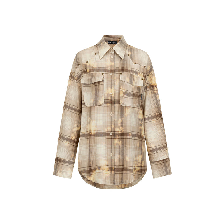 Via Pitti Tie-Dye Washed Distressed Rose Beaded Shirt Light Brown