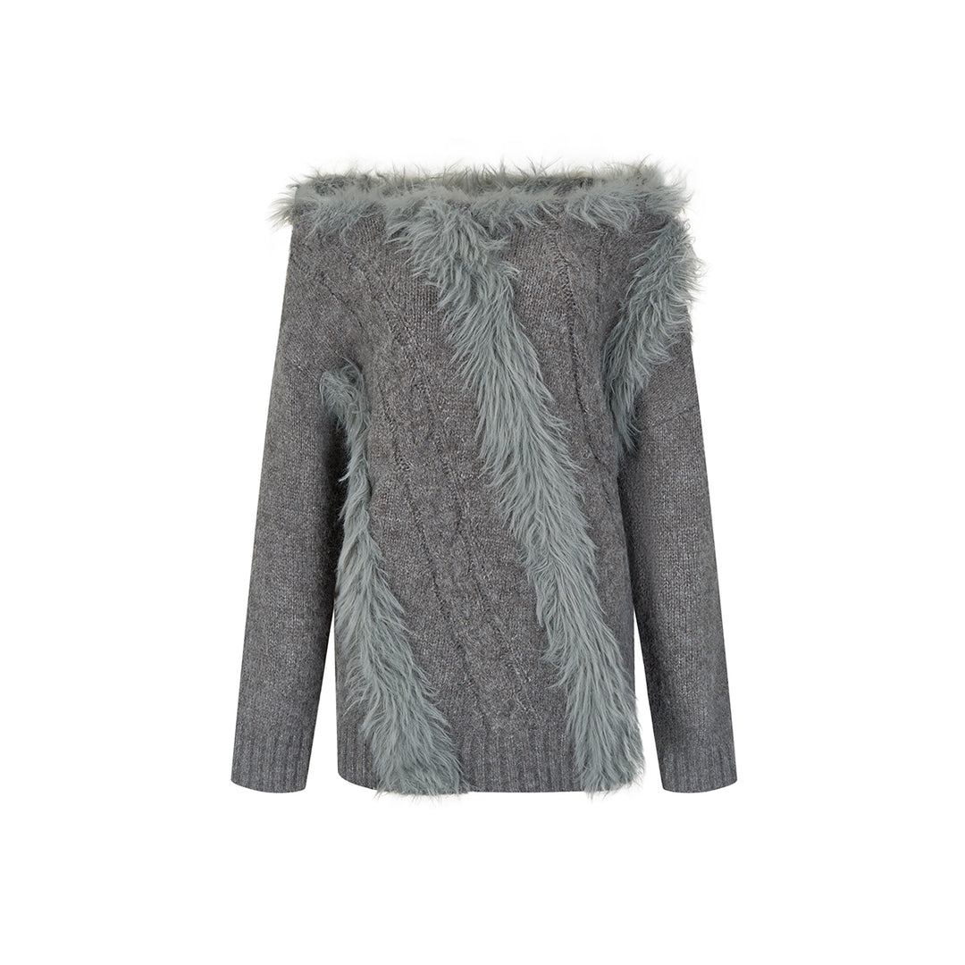 Via Pitti Off Shoulder Fur Integrated Knit Sweater Gray