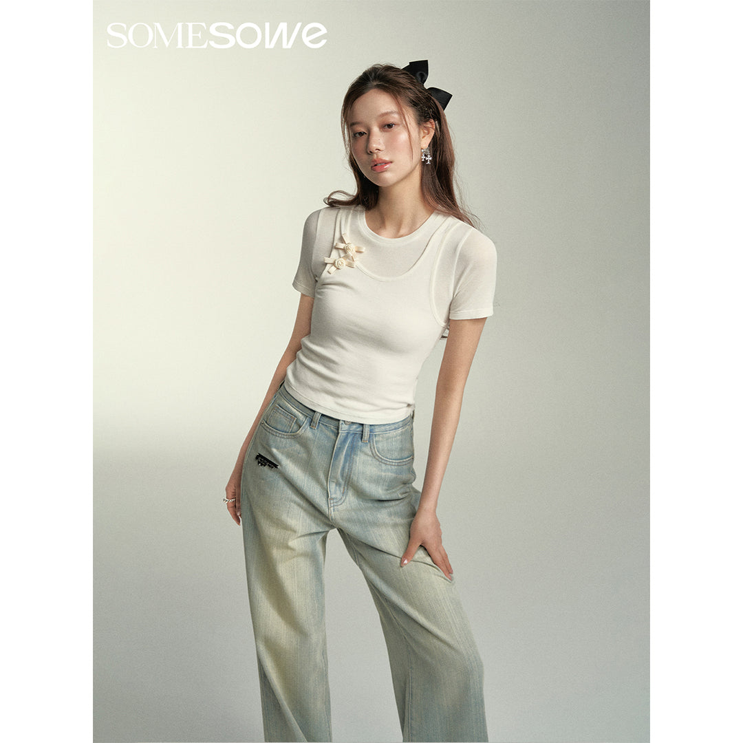 SomeSowe Fake-2-Piece Bow Tie Slim Top White