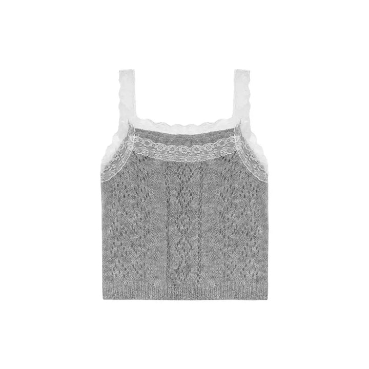 AsGony Lace Edge Hollow Cutting Knit Slip Vest Gray