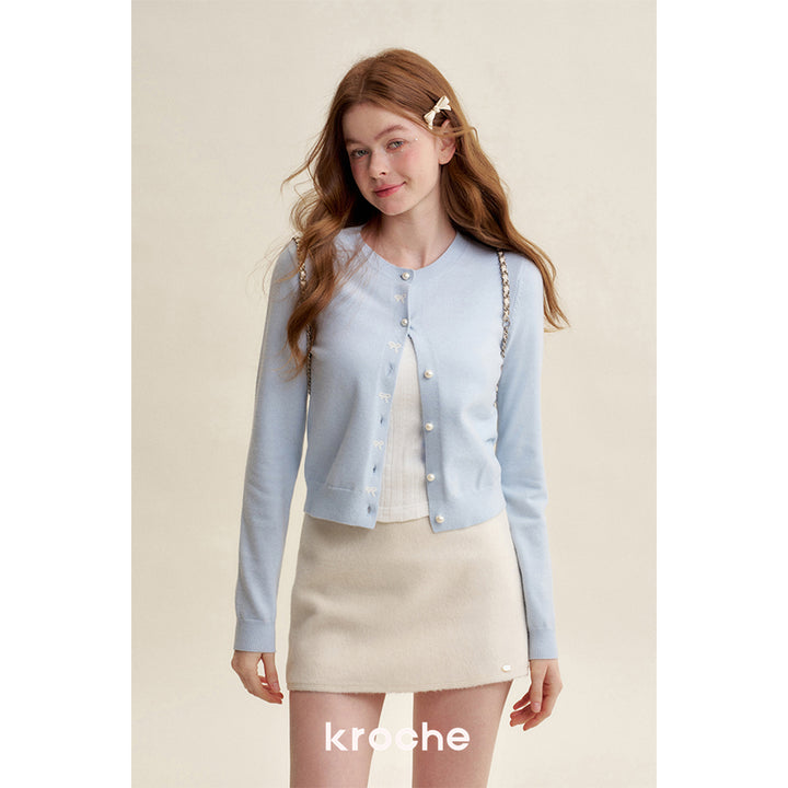 Kroche ﻿Bow Embroidery Pearl Button Knit Cardigan Blue