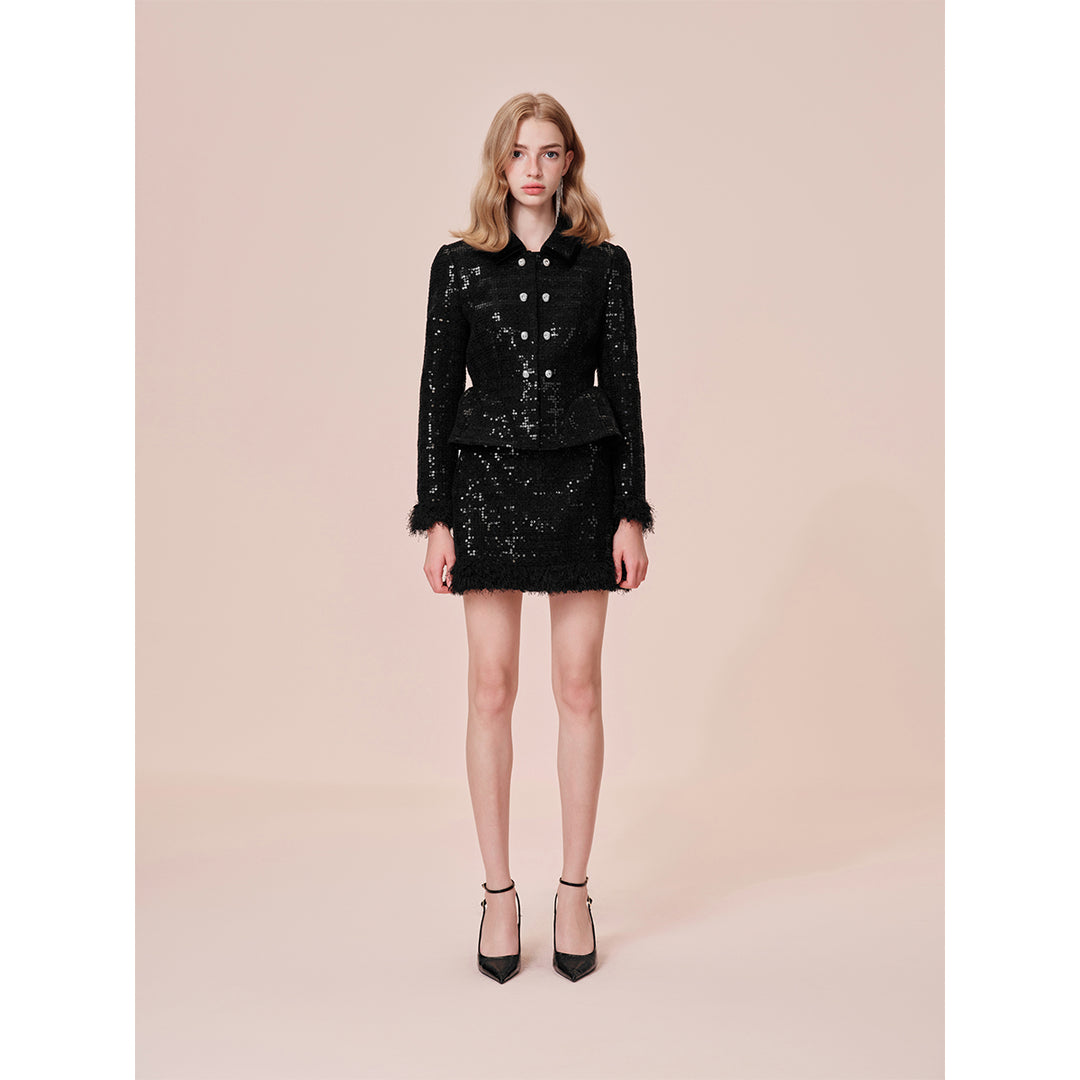 Rocha Roma Sequin Tweed Fluffy Cuff Jacket Black