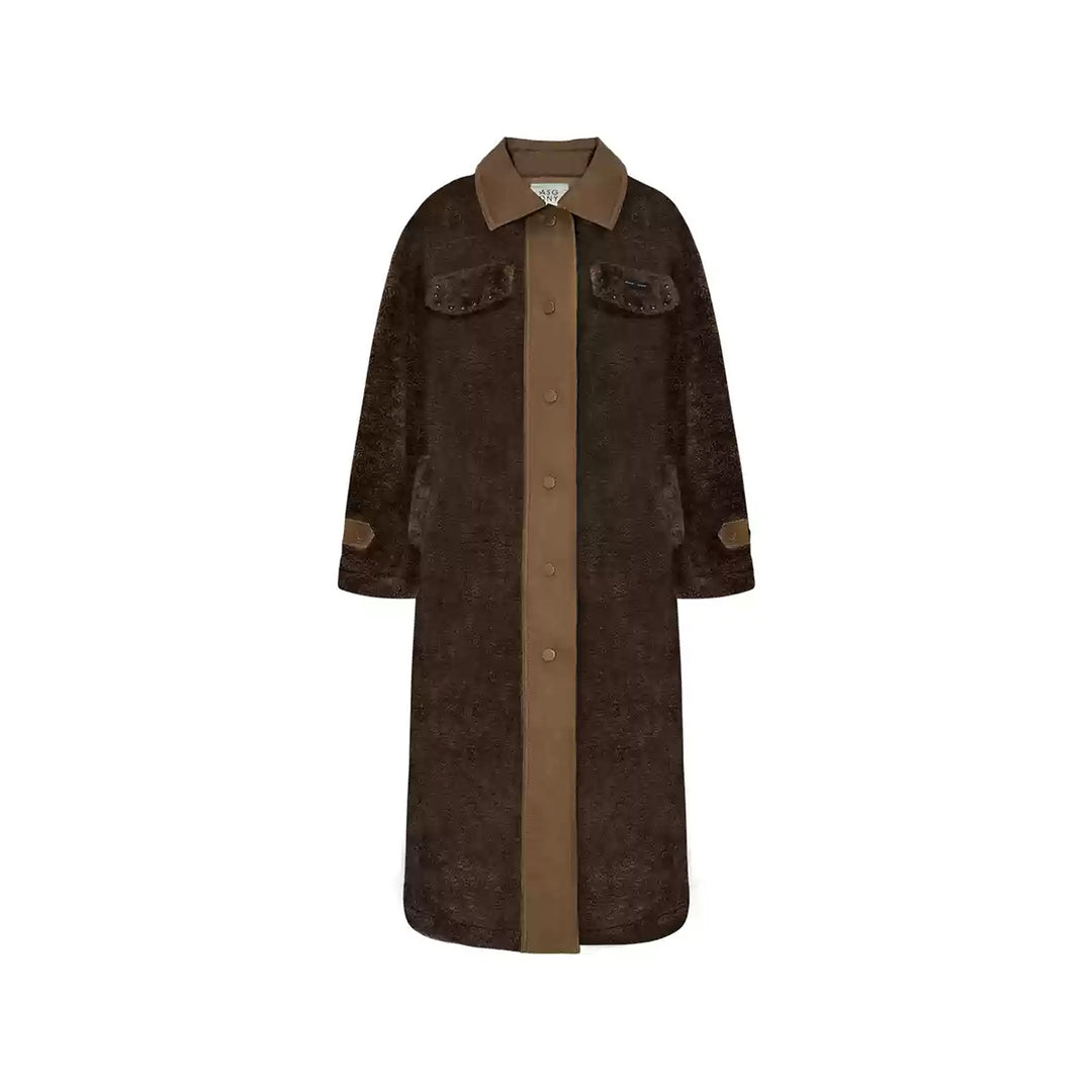 AsGony Fake-2-Piece Denim Patchwork Fleece Long Coat Brown