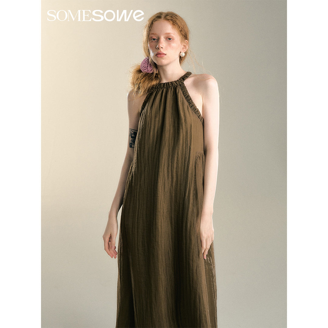 SomeSowe Pleated Texture Halter Dress Brown