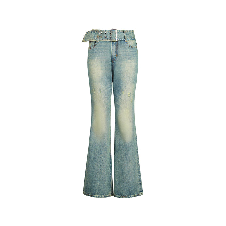 Three Quarters Distressed Washed Belt Flare Jeans Blue