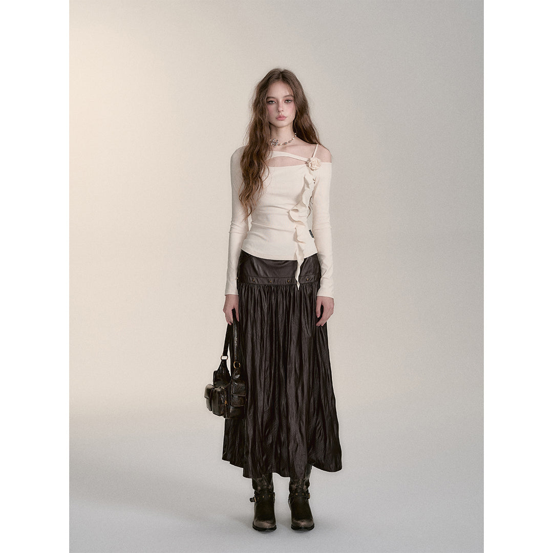 Via Pitti Rivet PU Leather Pleated Long Skirt Brown