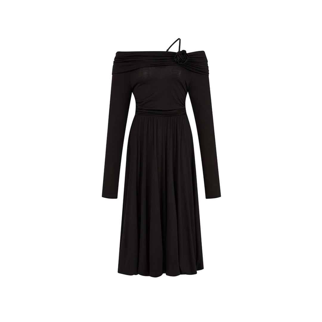 Diana Vevina 3D Rose Off-Shoulder Dress Black - Mores Studio
