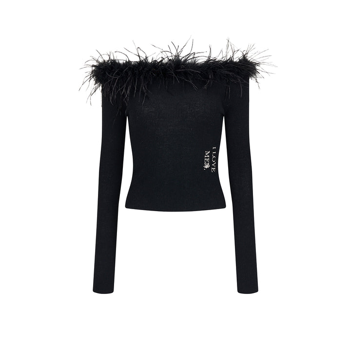 Via Pitti Detachable Ostrich Feather Knit Top Black - Mores Studio