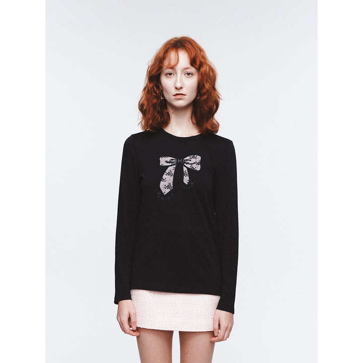 Herlian Bow Pattern Embroidery L/S T-Shirt Black