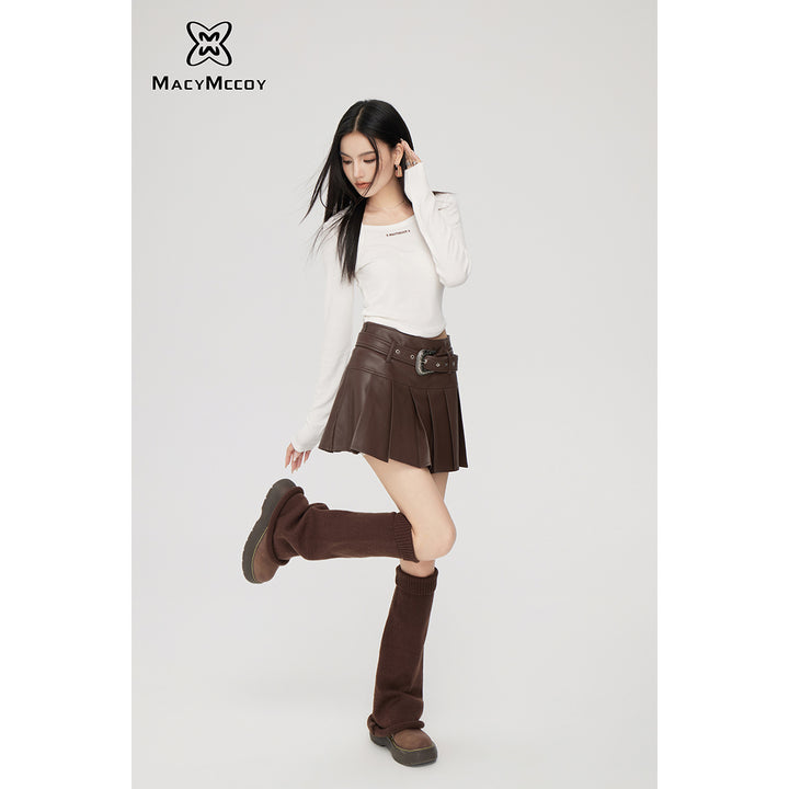 MacyMccoy Rhinestone Belt Leather Pleated Skirt - Mores Studio