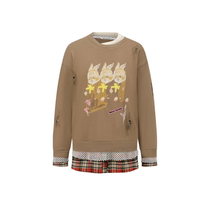 Alexia Sandra Three Rabbit Printed Fake-2-Piece Distressed Sweater Brown