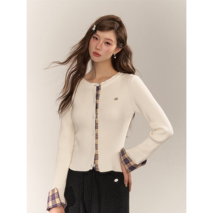 AsGony Retro Plaid Patchwork Slim Knit Cardigan White