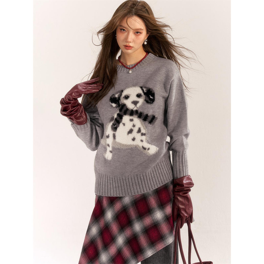 AsGony Spotted Puppy Knit Sweater Gray