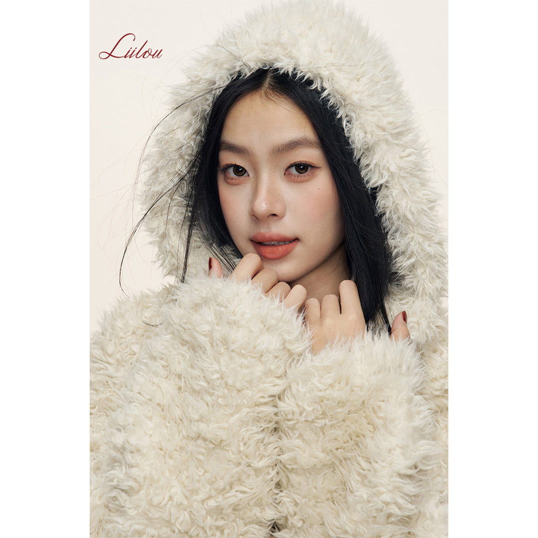 Liilou Fur Integrated Curly-Fur Hooded Woolen Fleece Jacket