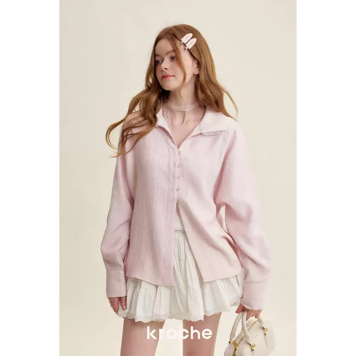 Kroche Lace Edge Patchwork Texture Loose Shirt Pink