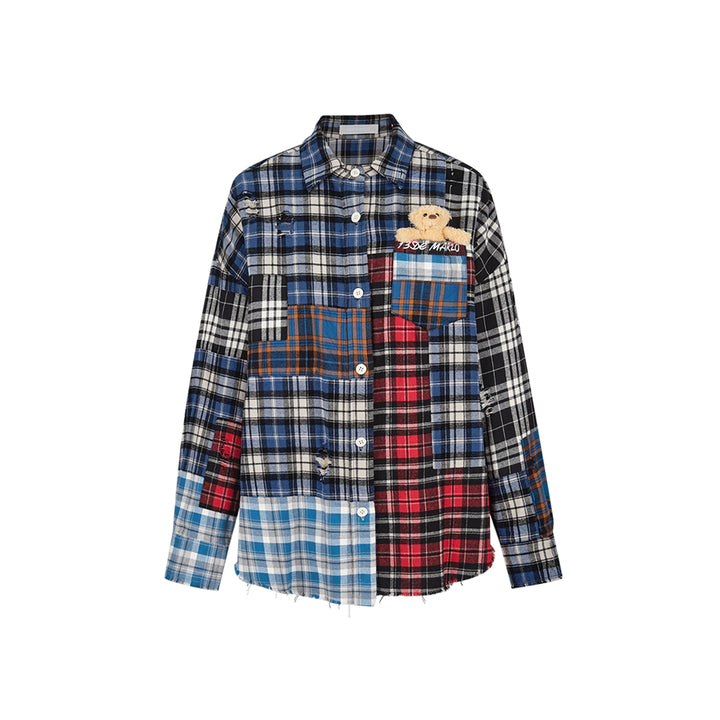 13De Marzo Bear Broken Plaid Patchwork Shirt