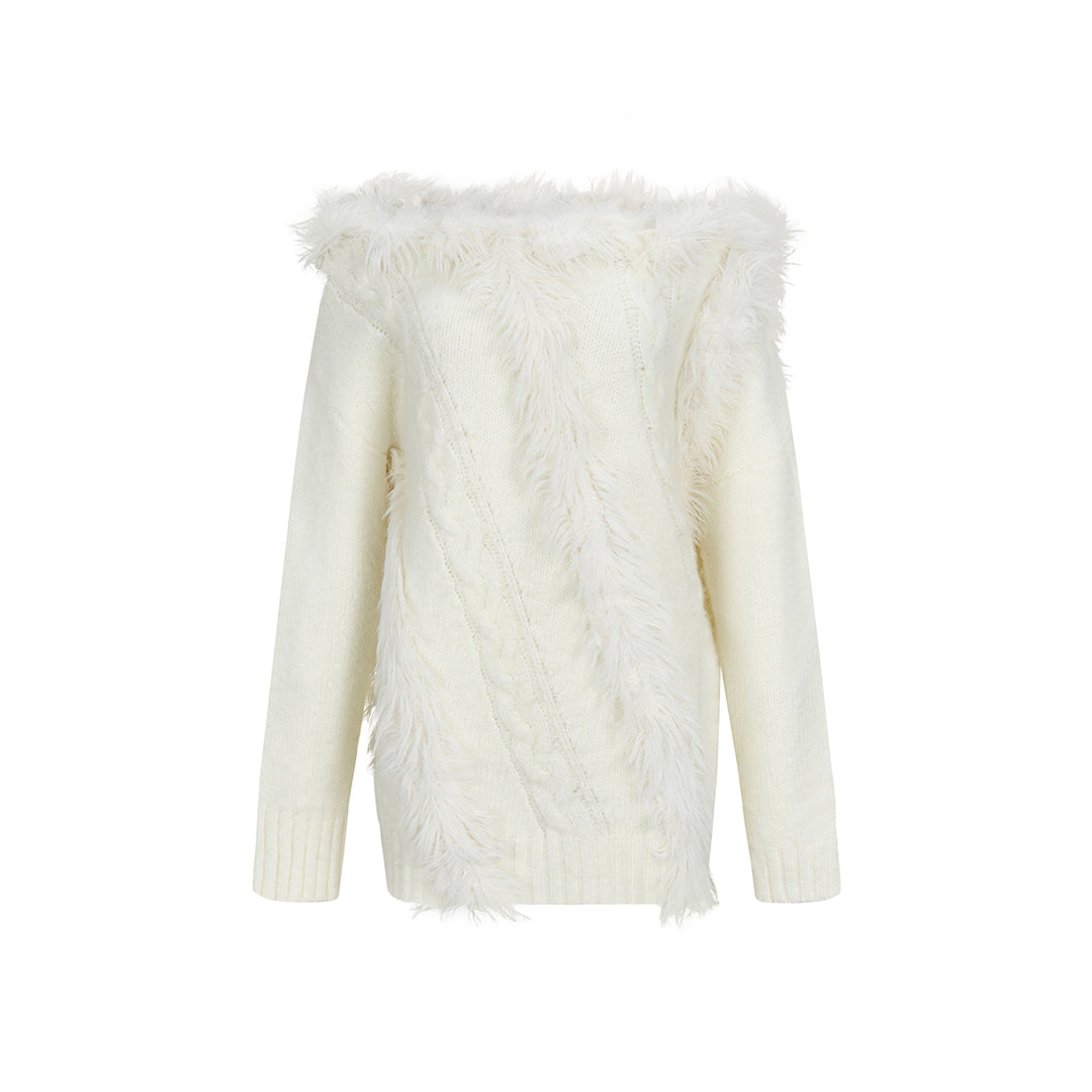 Via Pitti Off Shoulder Fur Integrated Knit Sweater White - Mores Studio