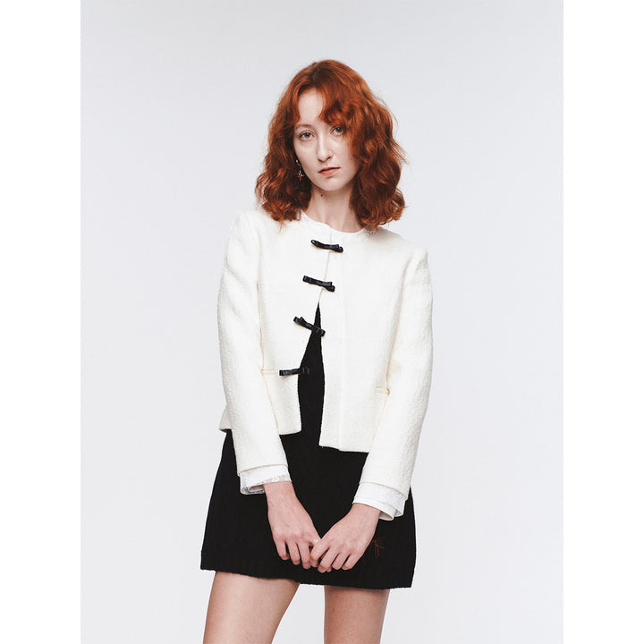 Herlian Bow Buttons Stand Collar Tweed Jacket White