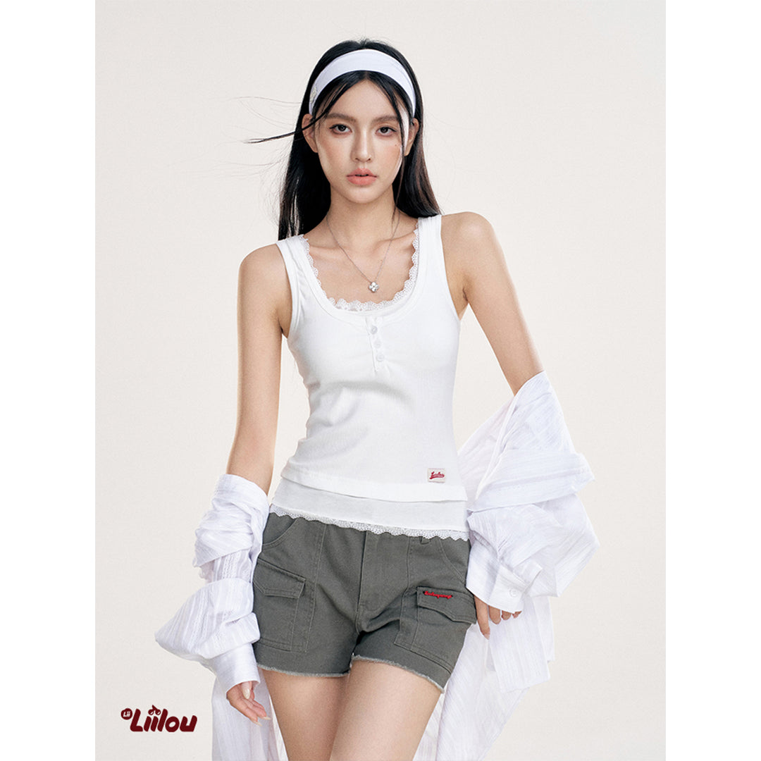 Liilou Fake-2-Piece Lace Patchwork Vest White