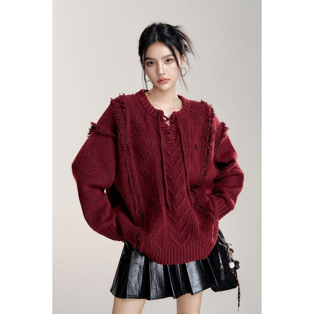 MacyMccoy Lace-Up Raw Edge Silhouette Sweater Red