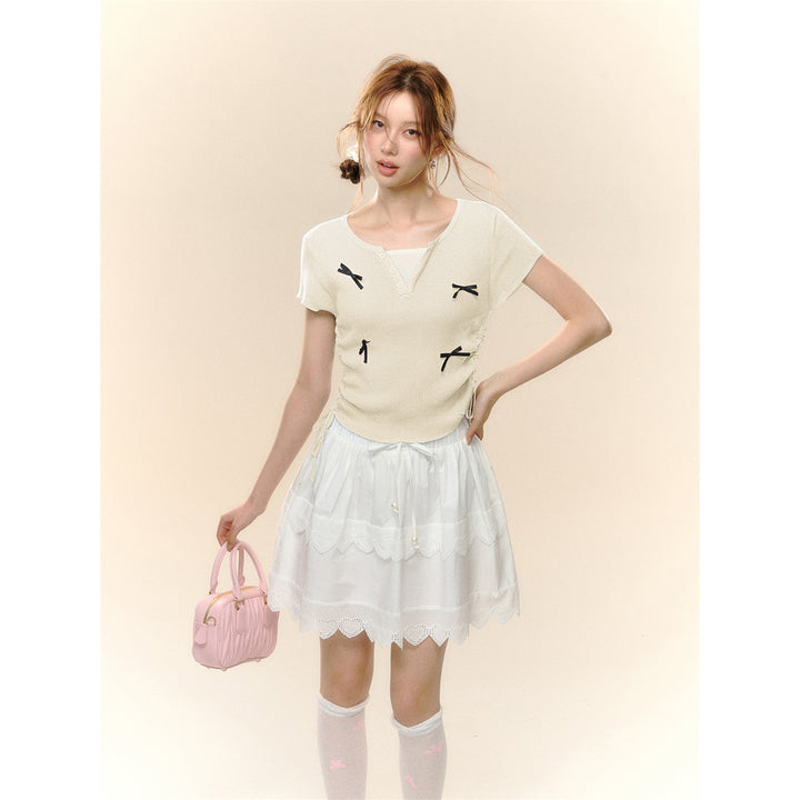 AsGony Fake-2-Piece Bow Tie Drawstring Knit Top Beige