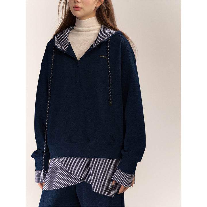 AsGony Fake-2-Piece Plaid Patchwork Casual Hoodie Navy Blue