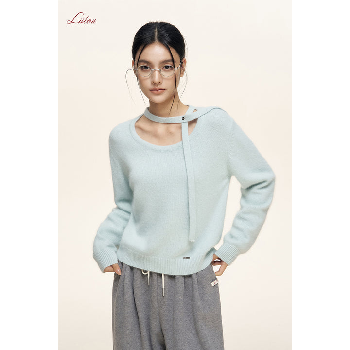 Liilou Halter Lace Up Long Sleeved Knit Sweater Blue