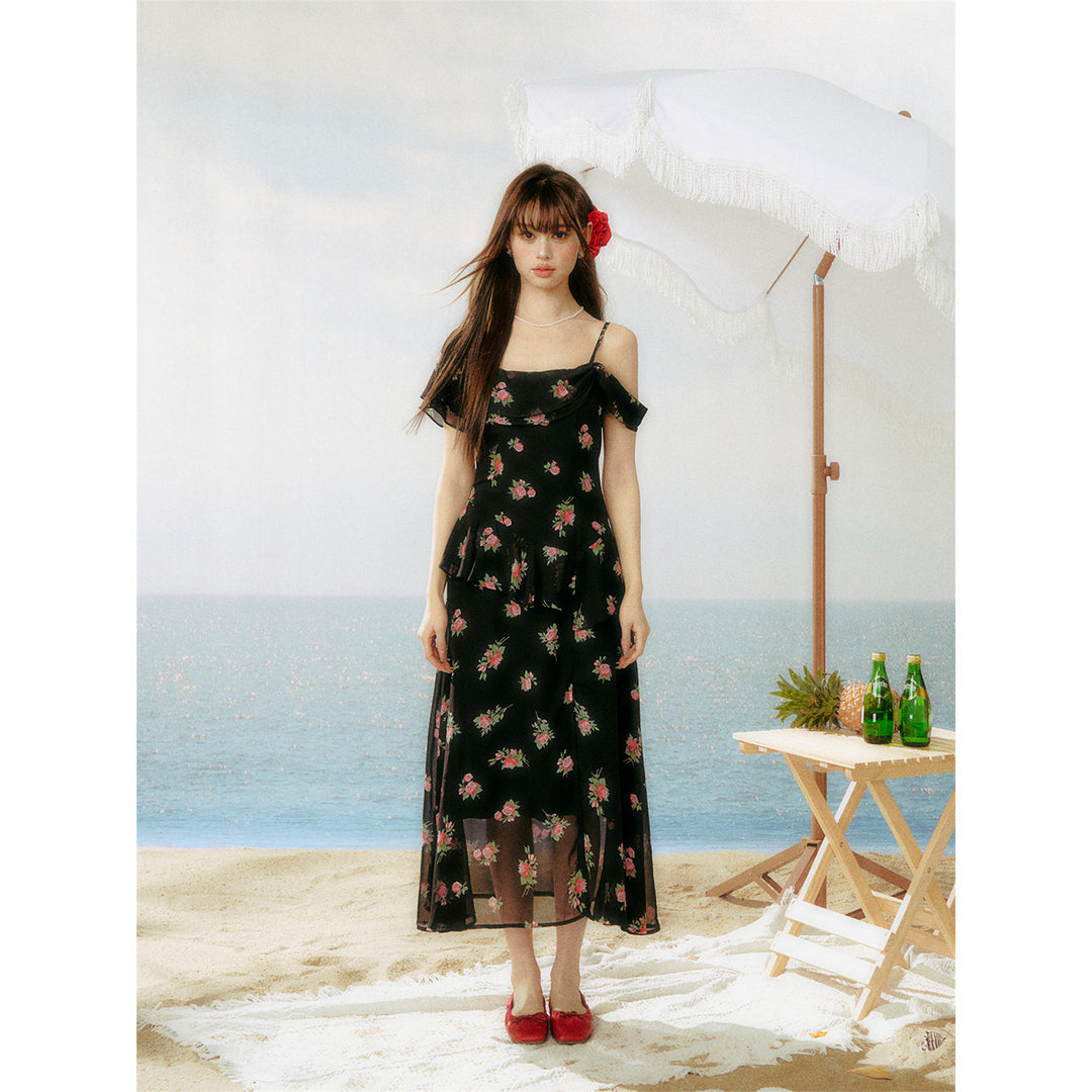 AsGony Ruffled Floral Slit Off-Shoulder Long Dress