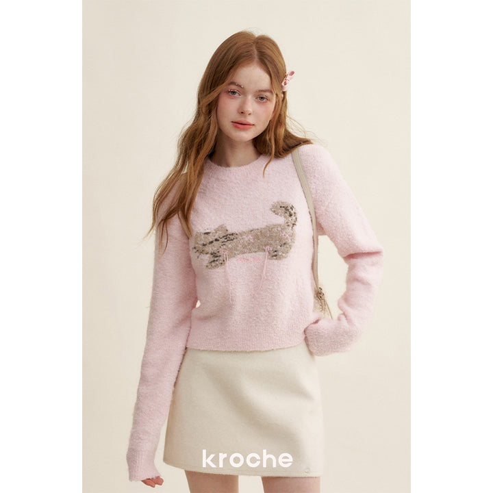 Kroche Cat Jacquard Woolen Knit Sweater Pink