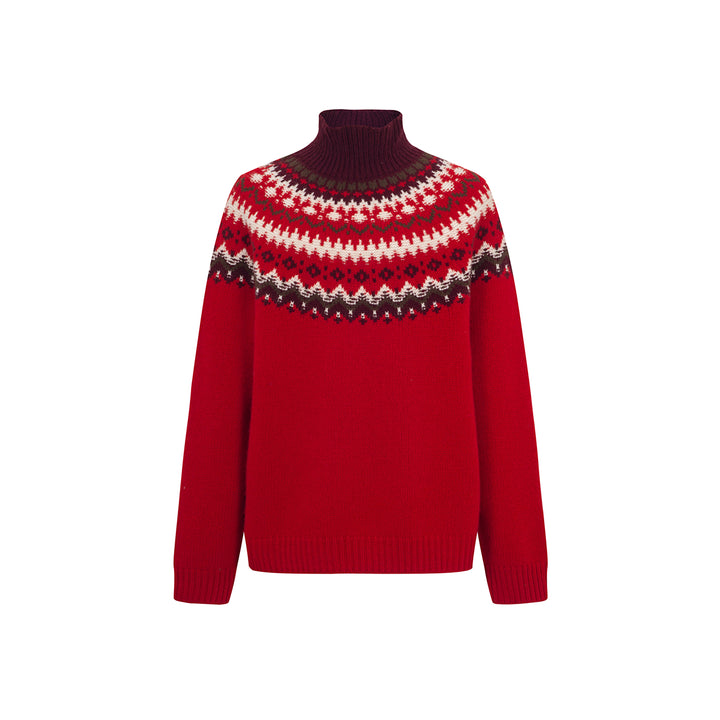 Three Quarters Fair Isle Jacquard Color Contrast High Collar Sweater Red