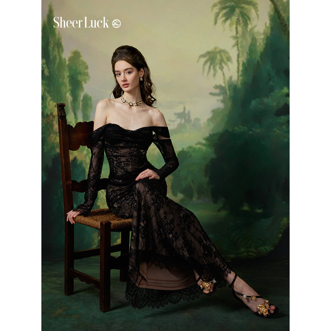 Sheer Luck Ariel Lace Fishbone Flare Dress Black