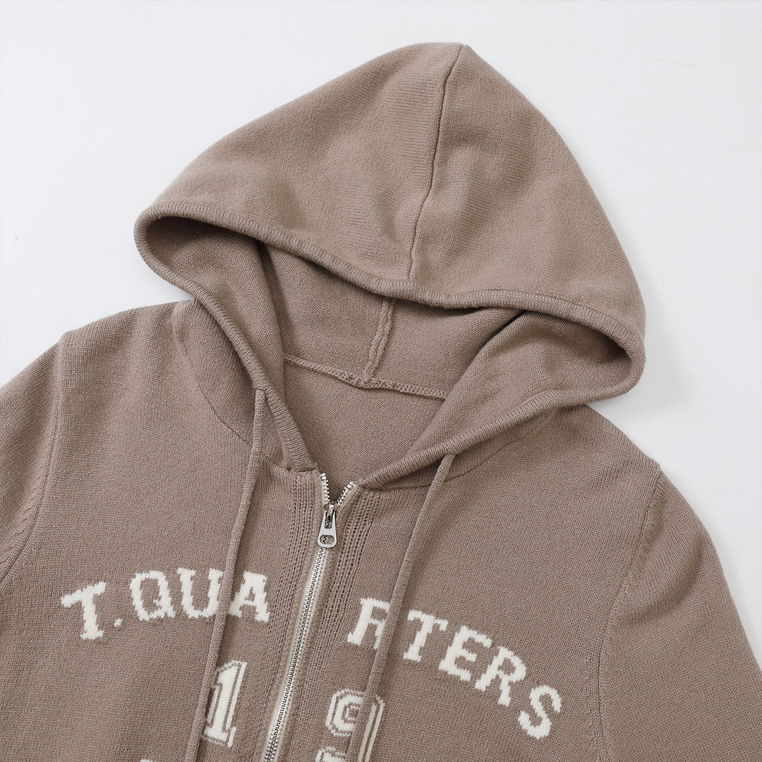 Three Quarters Letter Embroidery Hooded Jacket Brown - Mores Studio
