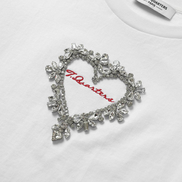 Three Quarters Logo Embroidery Rhinestone Heart Tee White - GirlFork