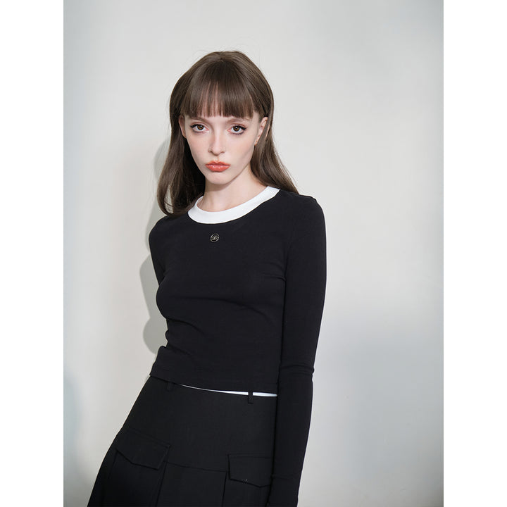 Three Quarters Color Blocked Hollow-Out Knit Top - Mores Studio
