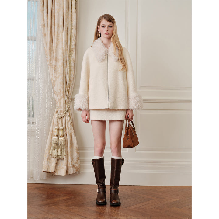 Rocha Roma Fluffy Patchwork Tweed Woolen Jacket White