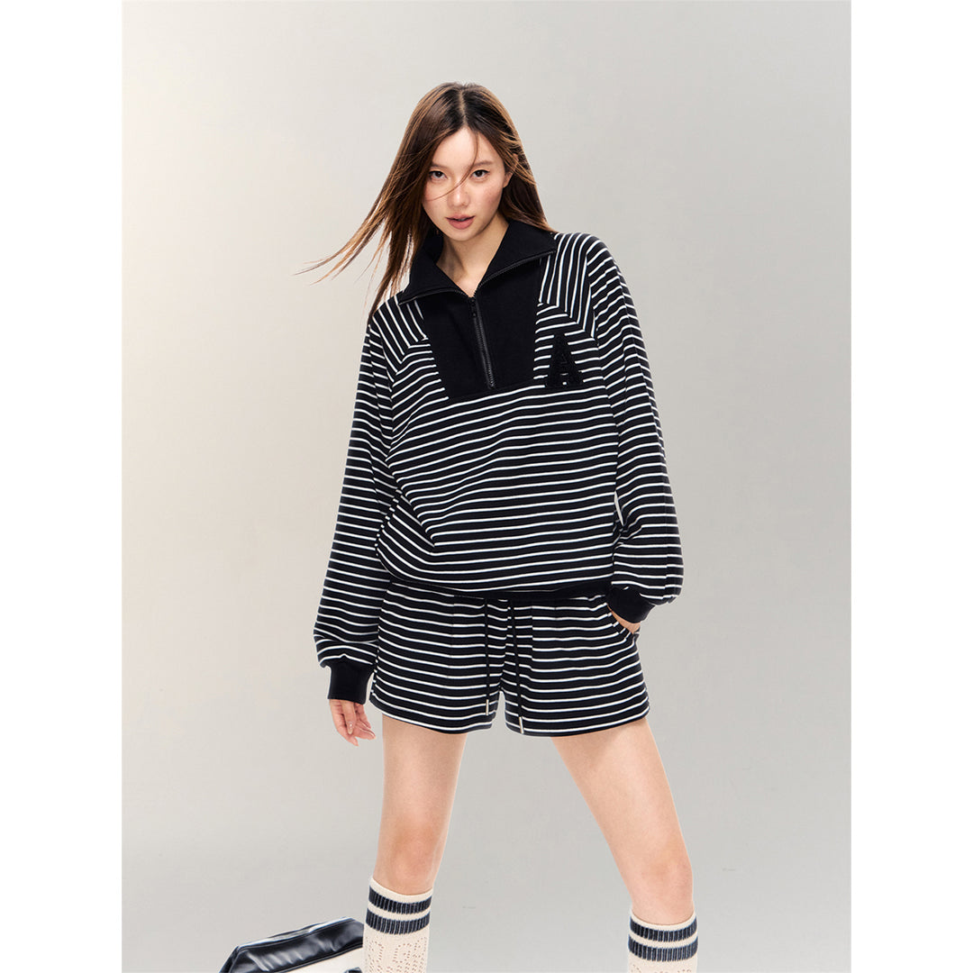 AsGony Striped Drawstring Casual Shorts Black