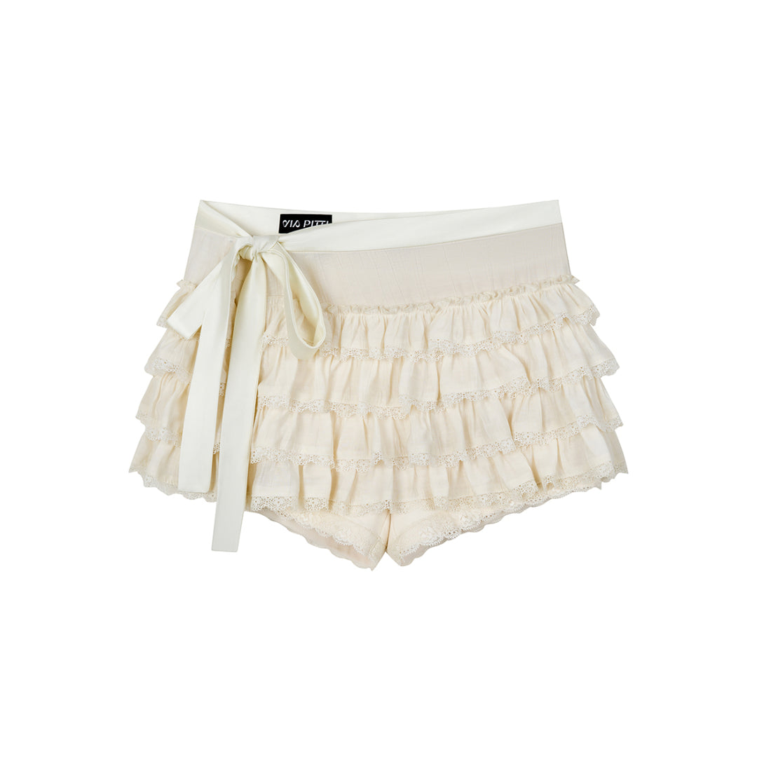 Via Pitti Bow-Knot Tie Tired Mini Skirt Shorts White