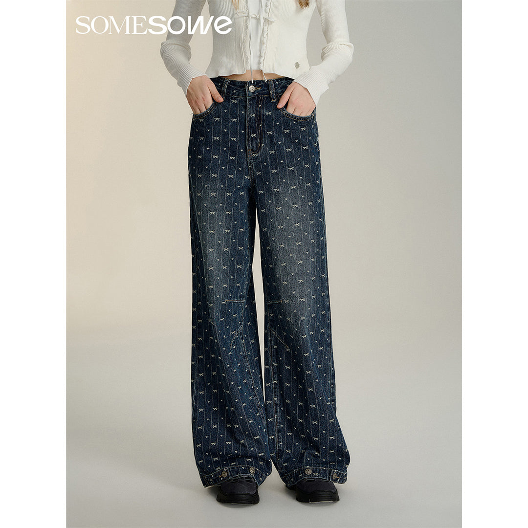 SomeSowe Vintage Bow Wide-Leg Jeans Blue