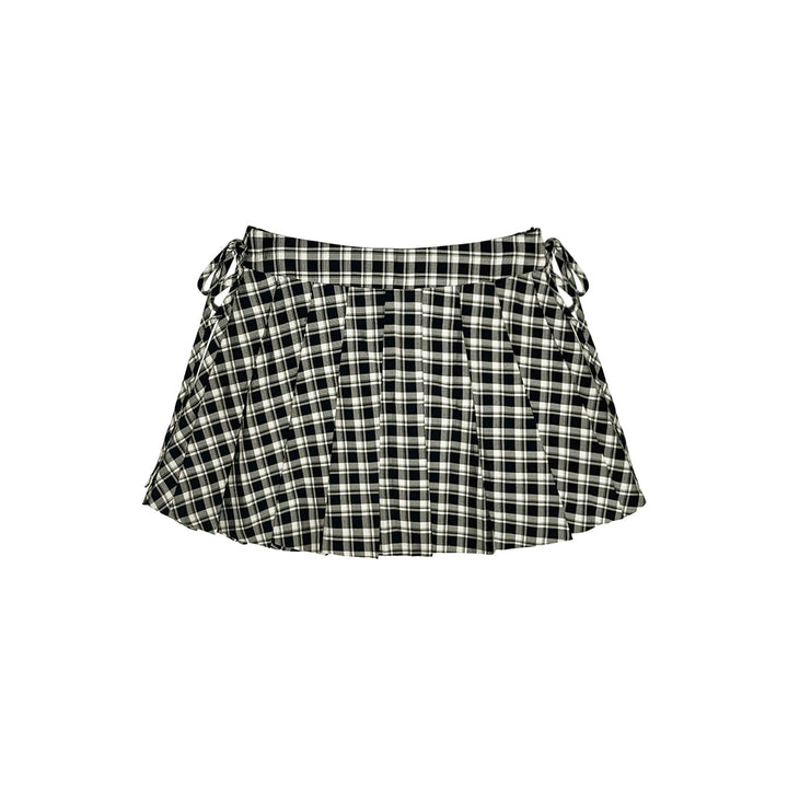 SomeSowe Bow Lace Up Plaid Pleated Skirt