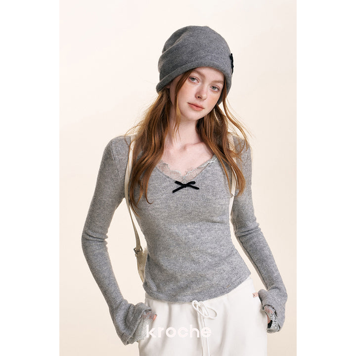 Kroche Velvet Bow Lace Patchwork V-Neck Knit Top Gray