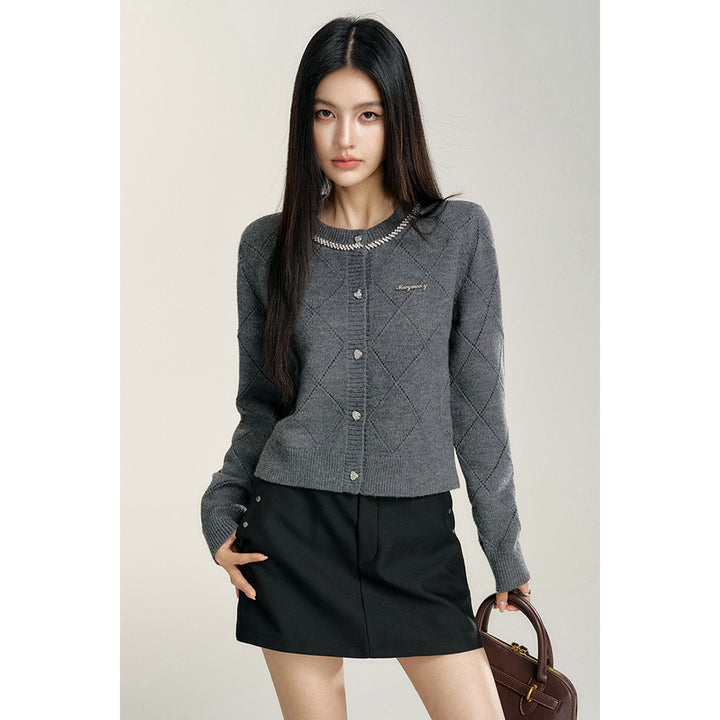 MacyMccoy Sparkly Drill Diamond Checked Cardigan Gray