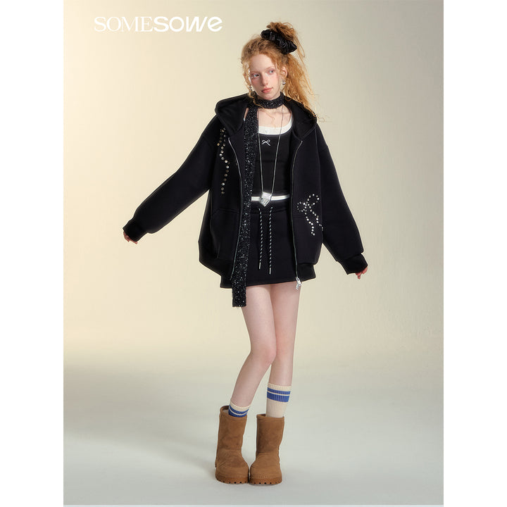 SomeSowe Bow Rivet Hooded Casual Jacket Black