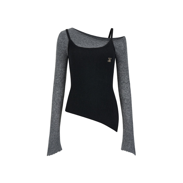 Via Pitti Fake-2-Piece Irregular Diagonal Shoulder Top Black