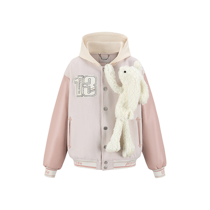 13De Marzo Doozoo Giant Bear Hooded Baseball Jacket Light Pink