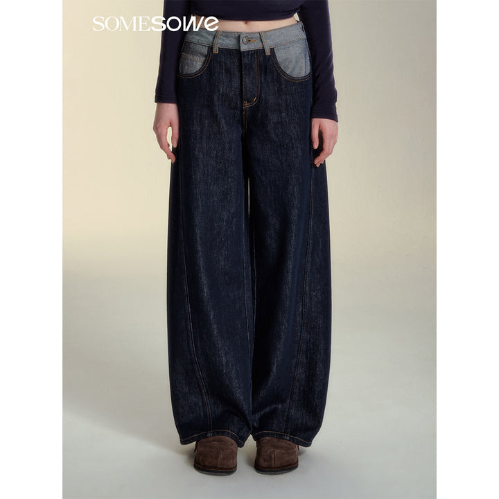 SomeSowe Color Blocked Casual Denim Pants Dark Blue